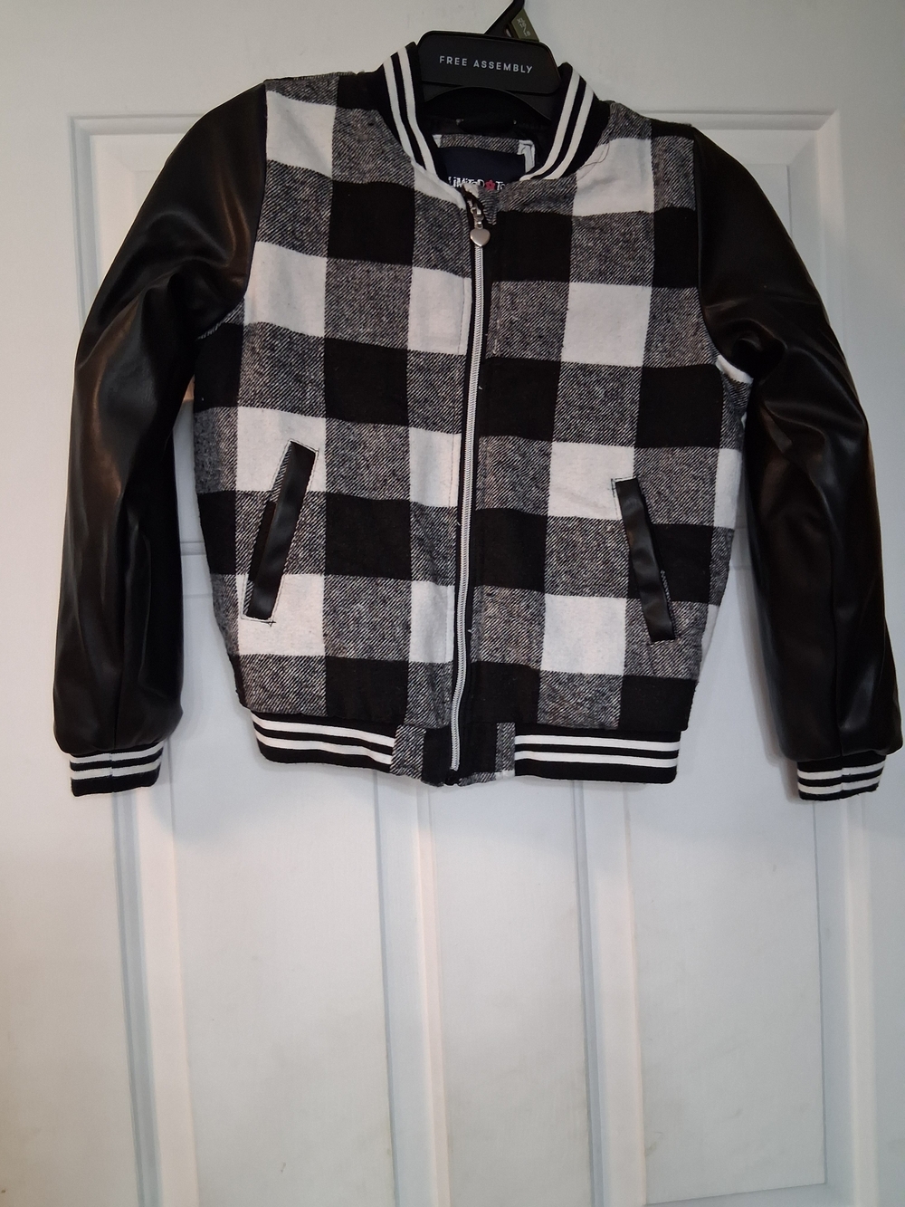 Limited Too Black & White Buffalo Check Bomber Jacket Faux Leather Sleeves 10/12
